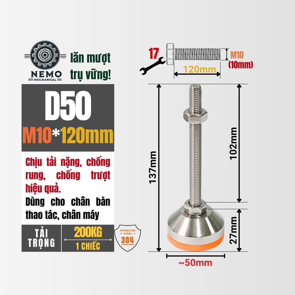 Chân Tăng Chỉnh Inox 304 Ren M10 – Chống Gỉ Tuyệt Đối, Đế Bát Dày Chịu Tải Nặng
